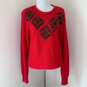 Vintage Retro Glam Festive Bold Red Beaded Rhinestone Embellished Sweater